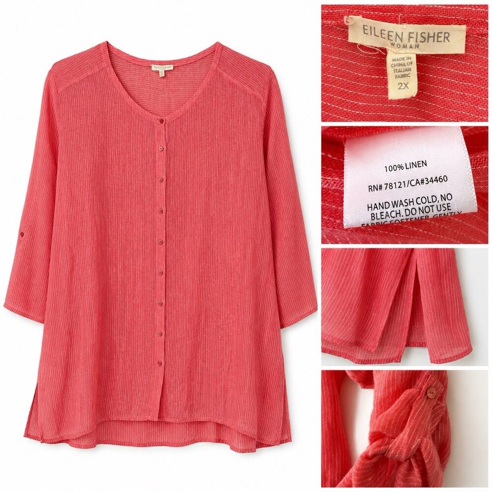 Eileen Fisher Women’s 2X Coral 100% Linen Striped Button Front Tunic Top Shirt
